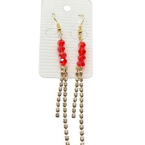Red Crystal Beaded Rhinestone Tassel Dangle Earrings Gold Tone